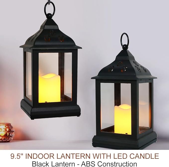 Bright Zeal 2-Pack 9.5" Vintage Decorative Candle Lantern with LED Flickering Flameless Candle (Black, 8hr Timer) - Indoor Hanging Lanterns Decorative Lanterns Battery Powered LED Candle Timer Candle