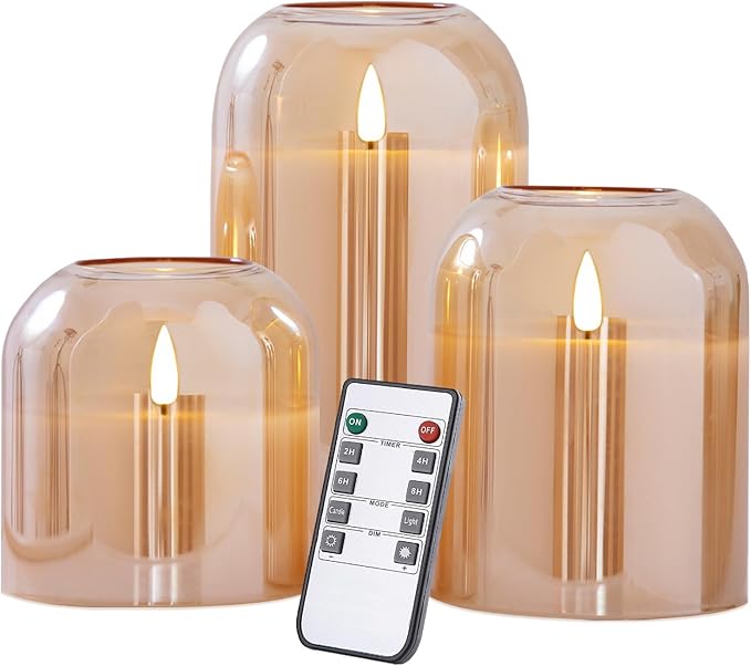volnyus Gold Glass Flameless Candles with Remote Battery Operated Flickering LED Pillar Candles Real Wax 3D Wick Φ 4" H 4" 5" 6"