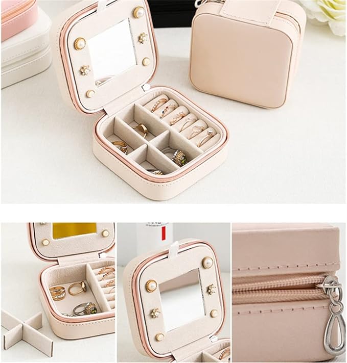 Double-layer Women's Mini stud earrings rings Jewelry Box Useful Makeup Organizer With Zipper Travel Portable Jewelry PU Box