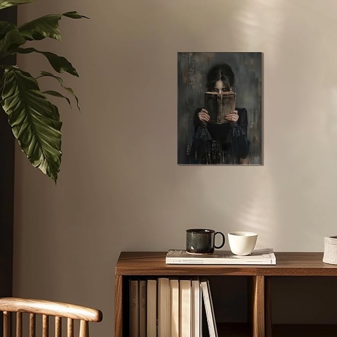 Dark Academia Book Wall Art Vintage Gothic Victorian Woman Reading Wall Decor Poster Painting Picture Moody Girl Aesthetic Canvas Print for Bedroom Living Room Dorm Library Corner 12x16Inch Framed