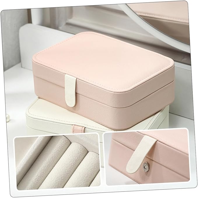 Portable Jewelry Box with Mirror for Earrings and Necklaces, Pu Leather Ring Organizer and Cosmetics Holder, Compact Jewelry Storage Case for Travel and Desktop Use, Pink