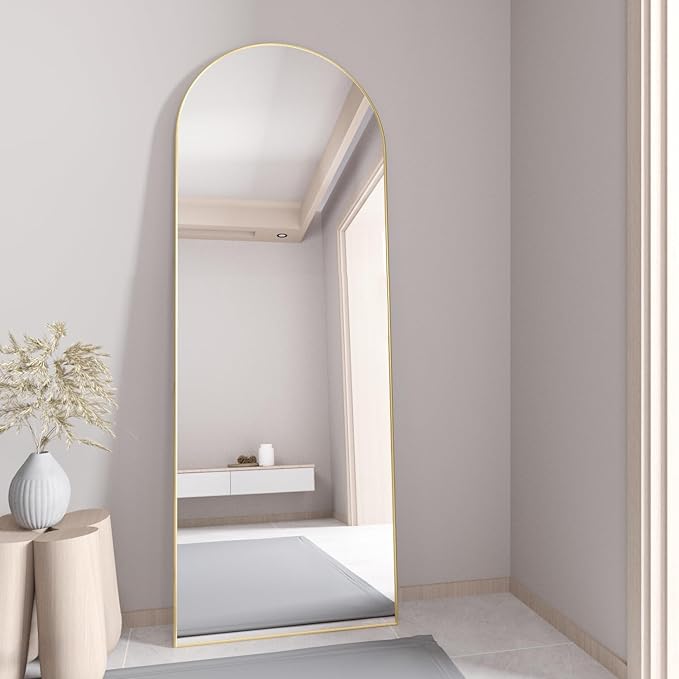 Full Length Mirror, 56"x16" Arch Floor Mirror with Stand, Gold Arched Full Body Standing or Leaning Mirror for Bedroom, Living Room