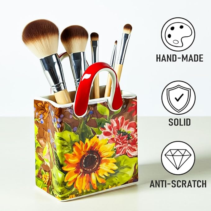 Handbag-Shaped Ceramic Desk Organizer & Small Flower Vase, Sunflower Floral Pattern, Pencil Pen Holder, Makeup Brush Holder for Vanity, Cute Office Desk Decor, 4.7 in Tall