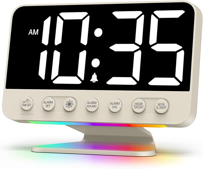 Odokee Digital Alarm Clocks for Bedrooms: Large Bold Number 5 Brightness Dimmer - Easy to Read Across The Room - 5 Alarm Sound 8 Night Light - Putty