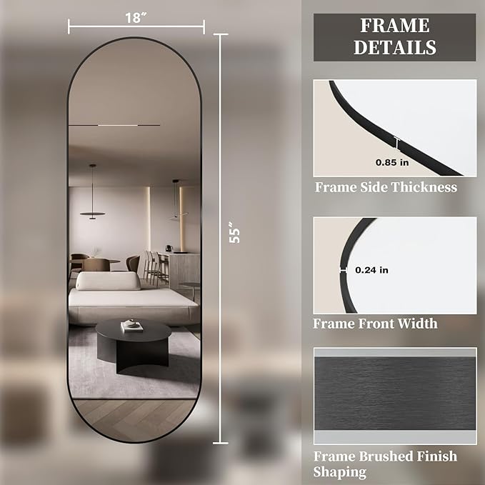 Oval Full Length Mirror, 55"×18" Wall-Mounted Mirror with Black Frame, Ultra-Clear Explosion-Proof Dressing Mirror, Simple and Classic Deco for Cloakroom/Bedroom/Living Room