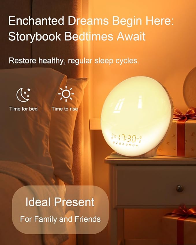 Smart Sunrise Alarm Clock with No Signup APP Control & Wake-Up Light, 4 Alarms, Sound Machine, FM Radio, Wireless Speaker, Wood Grain