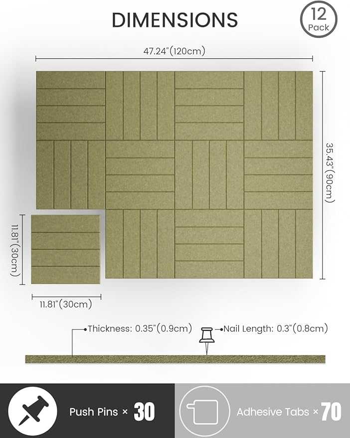 Bumusty Large Cork Board Alternative-48 x 36" Felt Bulletin Board Tiles, with 30 Pushpins, 70 Adhesive Tabs, Bold-Stripe 12-Pack, Cork Boards for Office Push Pin Board Felt Board-Olive Green