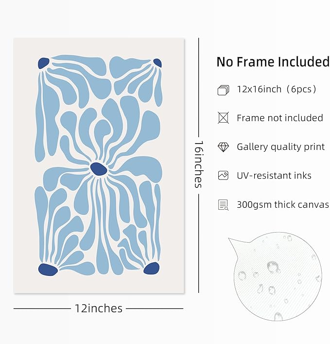Youillne Matisse Flower Wall Art Prints Blue Abstract Wall Decor Aesthetic Canvas Wall Art Picasso Gallery Posters Matisse Preppy Pictures Flower Paintings for Bathroom 12x16 Inch Unframed Set of 6