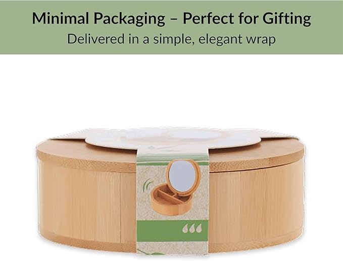 EVIDECO French Home Goods Round Bamboo Box with Mirror Lid - 3-Compartment Organizer for Jewelry, Makeup & Small Accessories - Compact 5.25-Inch Design for Bathroom, Vanity or Dresser