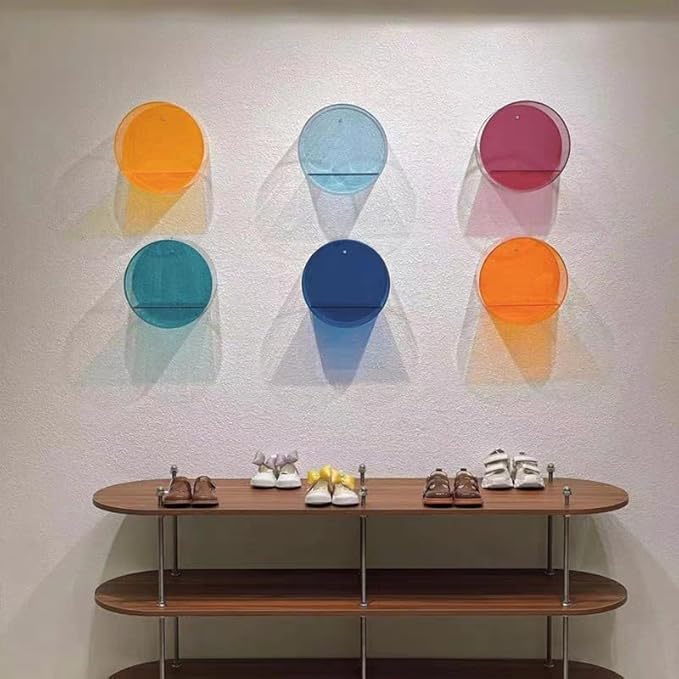 Floating Wall Shelves, Set of 3 Colorful Acrylic Shelves - Single Layer No Drill Adhesive Mount for Bedroom, Bathroom, Office - Small Decor Organizer for Funko Pop, Lego, Nail Polish