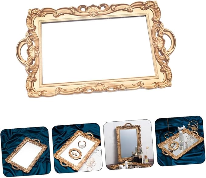 ABOOFAN European Vintage Mirror Tray Golden Rectangular Decorative Makeup and Perfume Storage Plate Photo Prop Organizer for Home Vanity