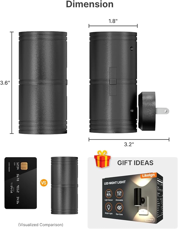 Likelgn Night Light Plug into Wall, 4 Pack Dimmable LED Nightlight with Dusk to Dawn Sensor, Soft White Glow, for Hallway, Bathroom, Bedroom, Black