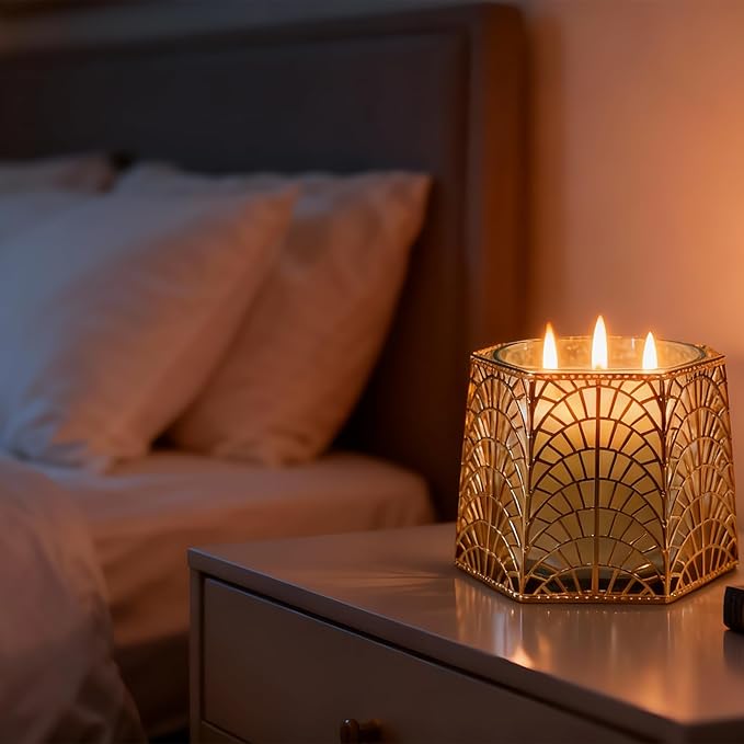 3 Wick Candle Holder, Golden Shell Design Candle Jar Holder for 4-Inch Diameter Jars (5.25" D x 3.5" H) (Golden)