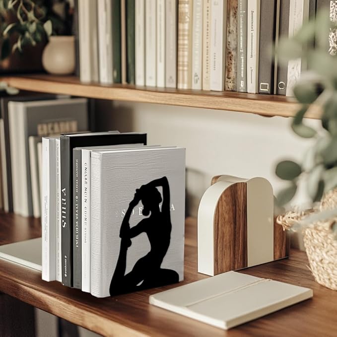 Peacoblue Metal Bookends for Shelves, Modern Decorative Heavy Duty Study Book Support Stoppers for Office, Desk, Shelf, Room 5.3"x4.3"x6.7" Cast Iron Simple Bookends for Cookbooks, 1 Pair (Yoga)