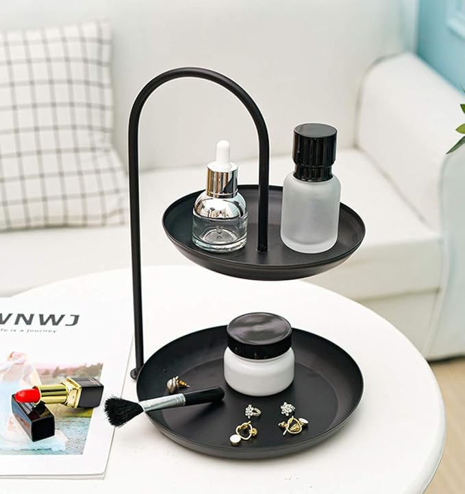Besttimes Two Tired Makeup Jewelry Organizer Tray Bathroom Home Decorative Metal Vanity Tray(Black)