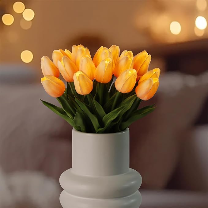 HOMESEASONS 20pcs Tulip Lamp Artificial Floral Night Light Real Touch Tulip Night Lamp LED Flower Bouquet Home Kitchen Decor(Orange)