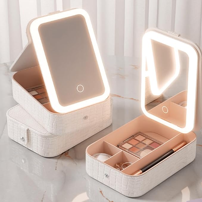 Makeup Case with Light Up Mirror, Dimmable Mirror Cosmetic Organizer Bag Portable Cosmetic Makeup Box Organizer Vanity Case for Women Beauty Tools Accessories Case Rechargeable