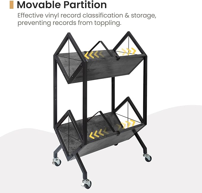 SwaaVee Vinyl Record Storage Holder with Wheels, 2-Tier Record Holder 160-200 LP with Dividers, Retro Style Quick Assembly Vinyl Record Display for Albums, Magazine, Book, Files(2 Tier- Gray)