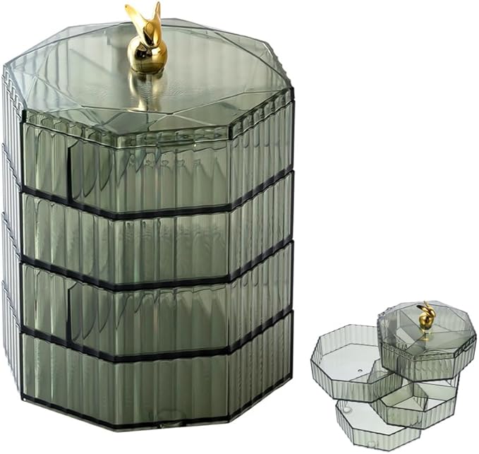 ELEFOCUS 360 Degree Transparent Rotating Jewelry Organizer,Multi-Layer Jewelry Storage Box,Acrylic Jewelry Organizer With Handle,Makeup Table Compartment Multipurpose Jewelry Box (Green)