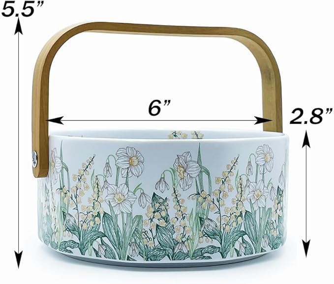 Ceramic Fruit Basket with Detachable Wooden Handle Candy Dish Decorations Ornaments Decorative Bowl Home Kitchen & Dining Table Office Decor(Yellow Bellflower)