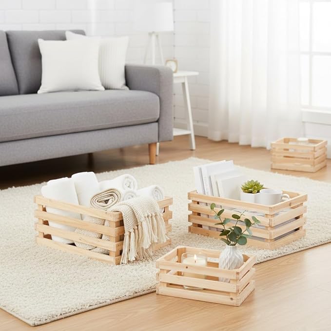 Set of 3 Nesting Wooden Storage Crates - Large Rustic Wooden Storage Crates for Display Wood Container Boxes Wood Baskets for Farmhouse Flower Stand Display Rack for Shops or Exhibitions Home Decor