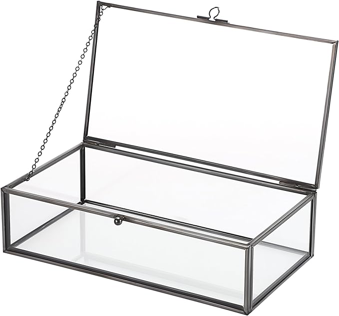 Hipiwe Glass Keepsakes Display Box with Lid - Decorative Black Glass Box Clear Rectangle Storage for Trinket Perfume Cards Gift