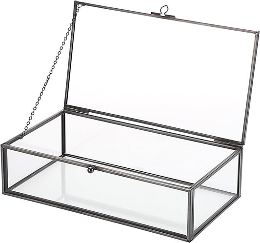 Hipiwe Glass Keepsakes Display Box with Lid - Decorative Black Glass Box Clear Rectangle Storage for Trinket Perfume Cards Gift