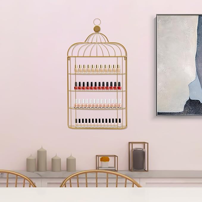 4-Tier Nail Polish Wall Racks 20 * 37 Inch Hold Up to 200 Bottles Birdcage Iron Nail Polish Shelf Organizer Wall Mounted 4 Rows (Gold)