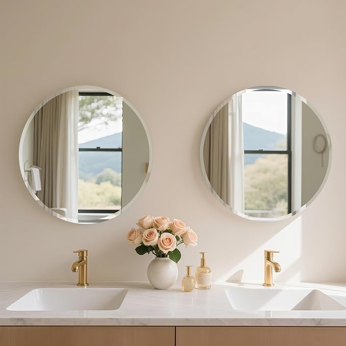 Frameless Round Mirror 28 Inch, Round Mirror with 1 inch Beveled Edge, Beveled Bathroom Mirrors for Vanity, Living Room, Entryways