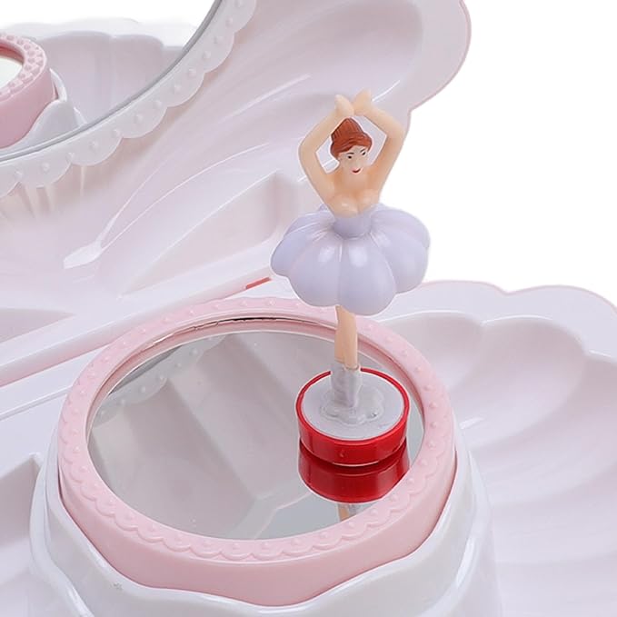 Ballet Jewelry Box with Music Dancing Ballerina Jewelry Organizer with Makeup Mirror for Girls Kids Birthday Retro Design (Light Pink)