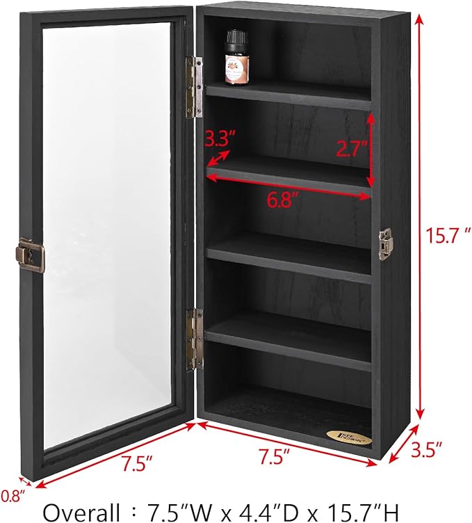 Ikee Design Wall Mounted Wooden Collectible Display Case 5 Shelf Display Storage Accessories with Tempered Glass Door, Black Color