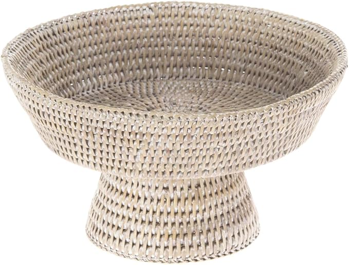 KOUBOO La Jolla Rattan Fruit Bowl, Decorative Kitchen Basket, Wicker Storage Bowl for Fruit, Vegetables, Modern Home Decor, Serving Platter, Small Tray, White Wash