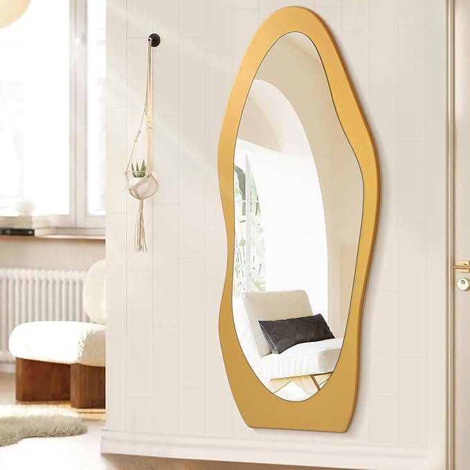 Full Length Mirror Gold Wooden Full Body Mirrors 59"x24" Irregular Wavy Mirror Full Length Floor Mirror for Cloakroom Bedroom Living Room