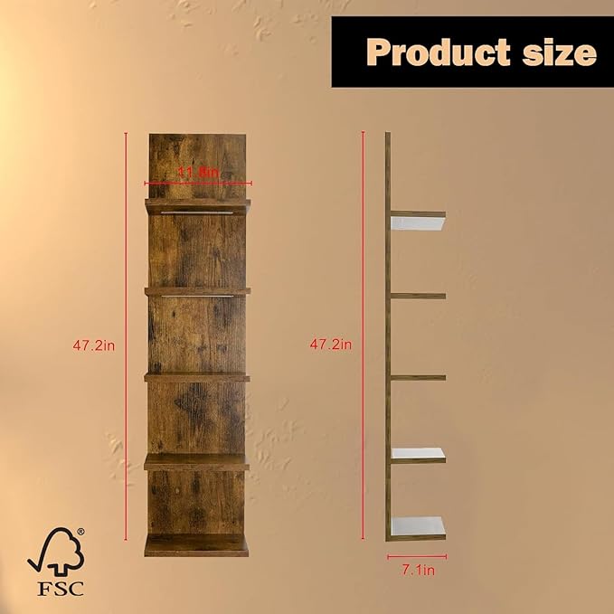 Homaterial 5 Tier Wall Shelf Unit, Modern Vertical Lack Wall Shelves with Light, Wall Mount, Floating Column Home Decor Shelves for Bedroom, Living Room, Vanity Storage Display(Dark Brown)