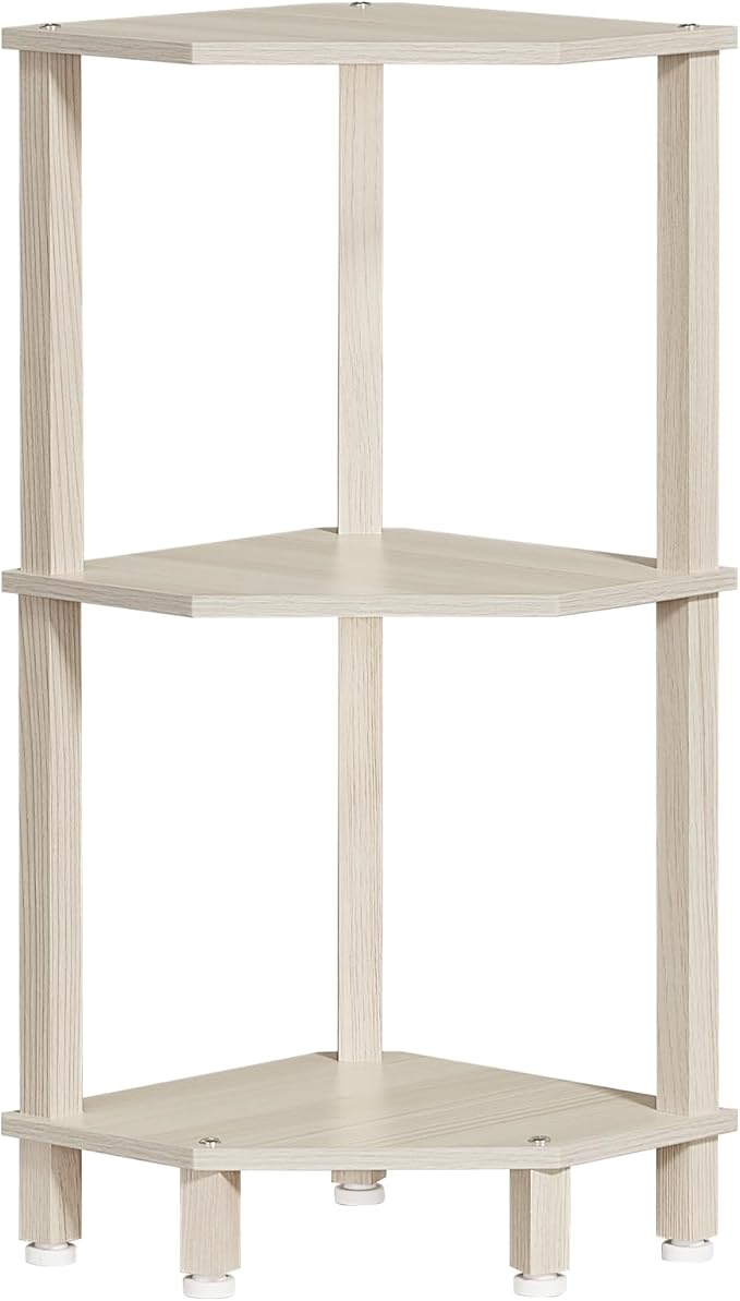 YUFAM 3-Tier Corner Shelf with Sturdy 5-Leg Base, 29in Tall Narrow Bookcase for Small Spaces, Wooden Plant Display Shelf, Thin Bookshelf for Living Room, Bedroom, Office, Grey White
