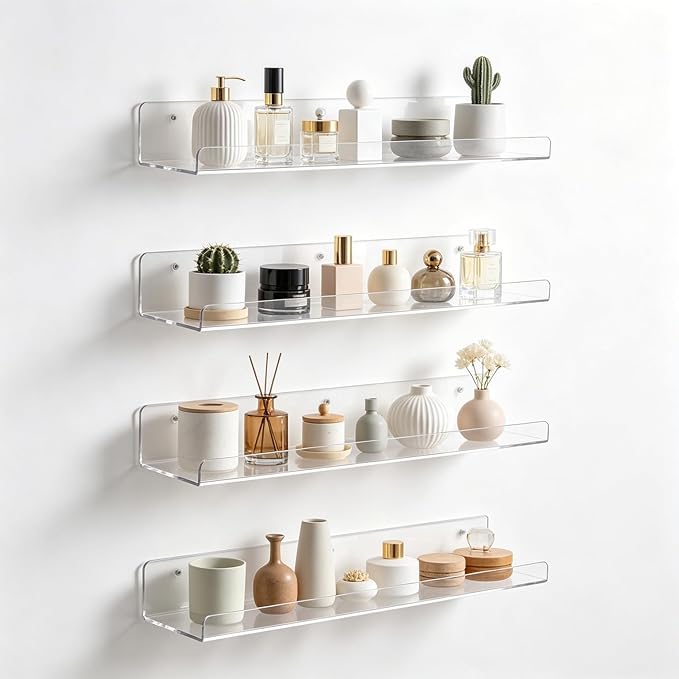 Clear Acrylic Shelves for Bathroom, 15'' Floating Shelves Wall Organizer for Perfume, Skincare, Bookshelf Organizer for Bedroom, Kids Room, Living Room, Room Decor