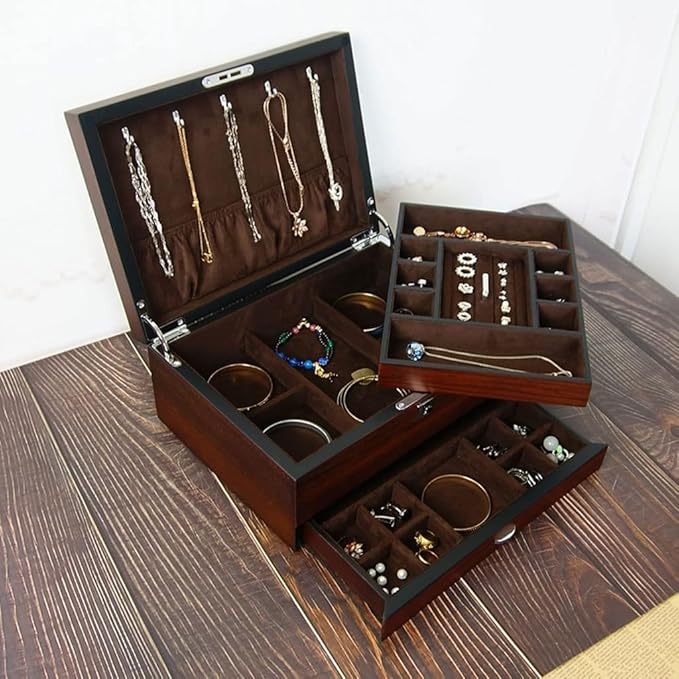 Makeup Organizers Retro Box Multilayer Storage Box Ring Earring Necklace Bracelet Watch Small Storage Box Wooden Box 11.81 Inch Case,