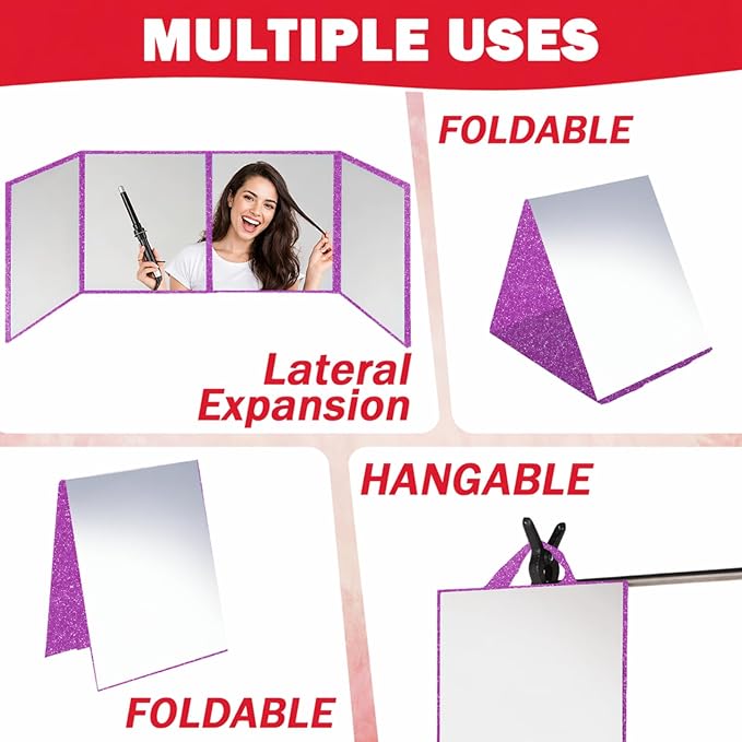 Foldable Full Length Mirror, 2-in-1 Wall Mounted or Tabletop Mirror, Portable Travel Mirror with Handle for Dance Home Bedroom Wardrobe Stage Makeup Checks Camping Outdoor Use (47" x 12.5", Tri-Fold)