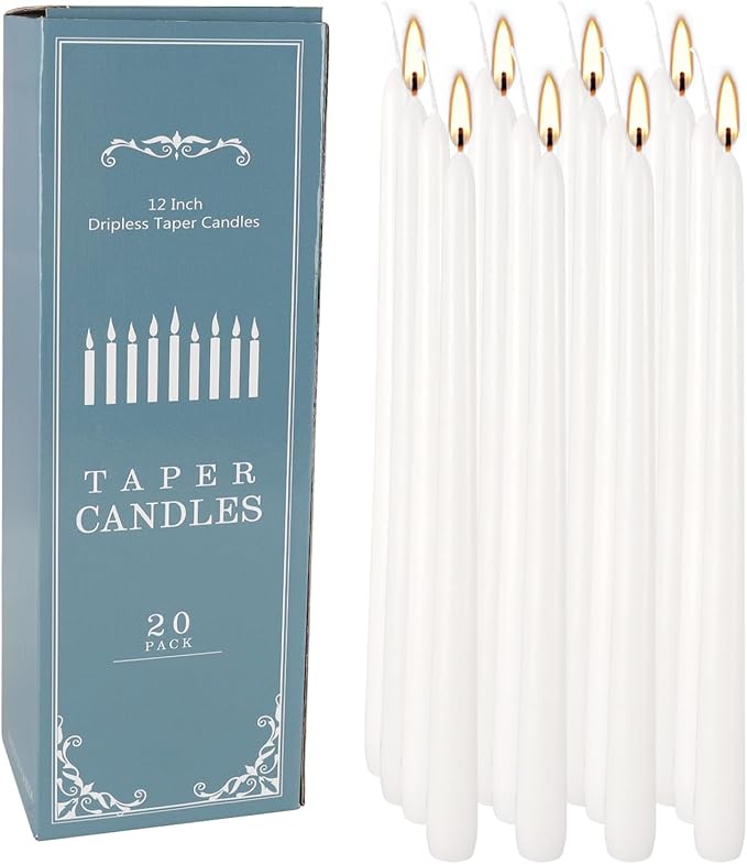 Howemon 20 Pack White Taper Candles 12 Inch Tall 3/4 Inch Thick Burn 10 Hours