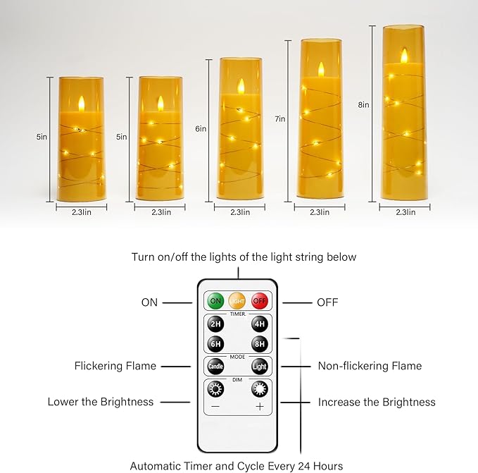 kakoya Flameless LED Candles with Timer 5 Pc Flickering Flameless Candles for Romantic Ambiance and Home Decoration Stable Acrylic Shell,with Embedded Star String，Battery Operated Candles（Gold）