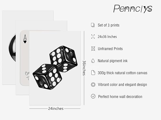 Black White Aesthetic Wall Art Decor 8 Ball Canvas Poster Y2k Cool Dice Pictures Black White Room Decor Trendy Poker Poster Prints Retro Painting Artwork for Apartment Dorm 24x36 Inch Unframed 3Pcs