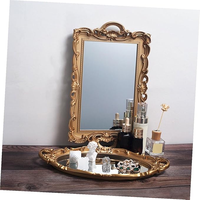 Golden Rectangular Retro Mirror Tray Cosmetic Storage Plate Perfume Organizer Decorative Makeup Vanity Display Tray for Home Décor and Photo Props