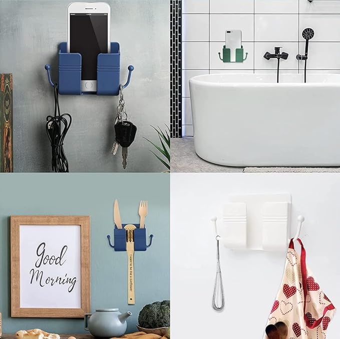 Phone Holder Wall Mount with Hangers for Cables and Charge Port, Holder tv Remote, Makeup Organizer, Stand to Improve Your House. (Blue)