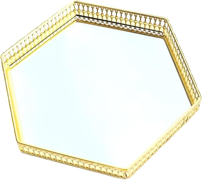 Mirror Tray, Makeup Decorative Storage Mirror Tray, Gold Or Silver Glass Mirror Crystal Vanity Tray, Antique Mirror Serving Tray Round Ornate Jewelry Trinket Organizer Tray for Home Decor(#2)