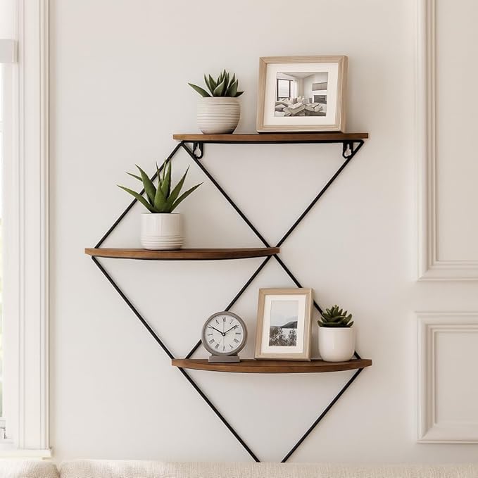 Diamond Wall Mounted Shelf with Wood and Metal Frame for Home Decor - 3 Tier Hanging Storage Organizer for Books - Wall Organizer for Living Room, Bedroom, Office or Entryway - 21", Brown & Black