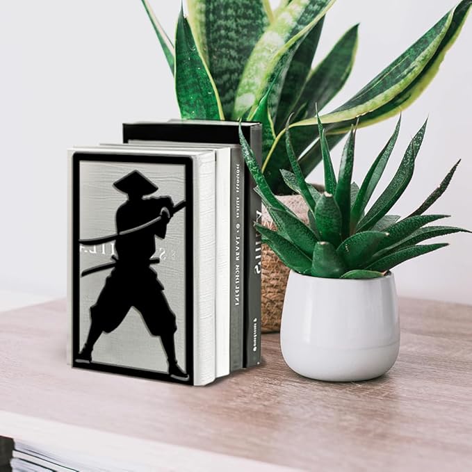 Peacoblue Metal Bookends for Shelves, Modern Decorative Heavy Duty Study Book Ends Stoppers for Office, Desk, Shelf, Room 5.3"x4.3"x7.9" Cast Iron Simple Tall Bookends 1 Pair (Japanese Samurai)