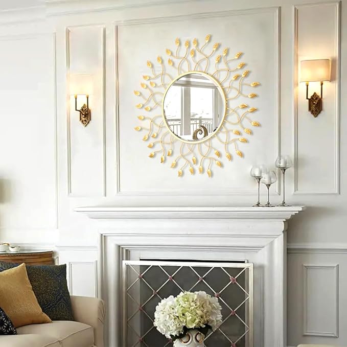 Chende 32" x 32" Large Mirror for Living Room Decor, Round Wall Mirror with Metal Leaves, Beveled Decorative Mirror for Entryway, Dining Room, Bedroom