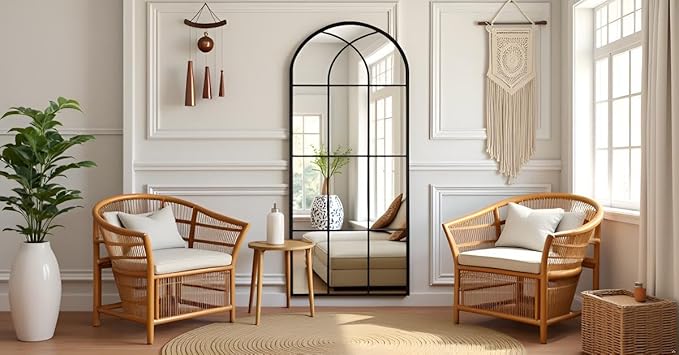 Rowjut Black Full Length & Floor Mirror 71" x 32" Window/Wall Decorative Mirrors, Iron Framed Window Pane Mirror, Arched Top Wall Mirror for Entryway Living Room, Bedroom, Fireplace (Black)