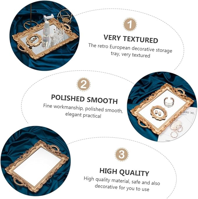 VILLCASE European Style Vintage Mirror Tray Golden Makeup Organizer Perfume Storage Vanity Display Decorative Dresser Tray for Home Party Decor