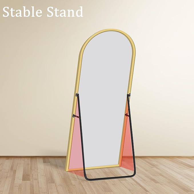 GlasFlength 56" x 18" Full Length Mirror with Stand, Arched Aluminum Alloy Frame, Versatile Standing, Hanging, or Leaning Wall/Floor Mirror for Bedroom, Living Room, or Entryway, Gold